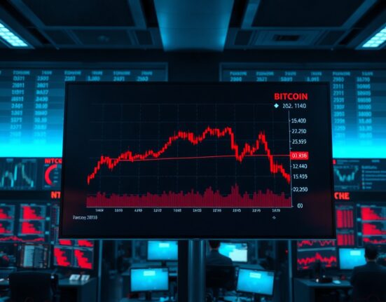 Bitcoin price chart on a trading screen showing a downward trend
