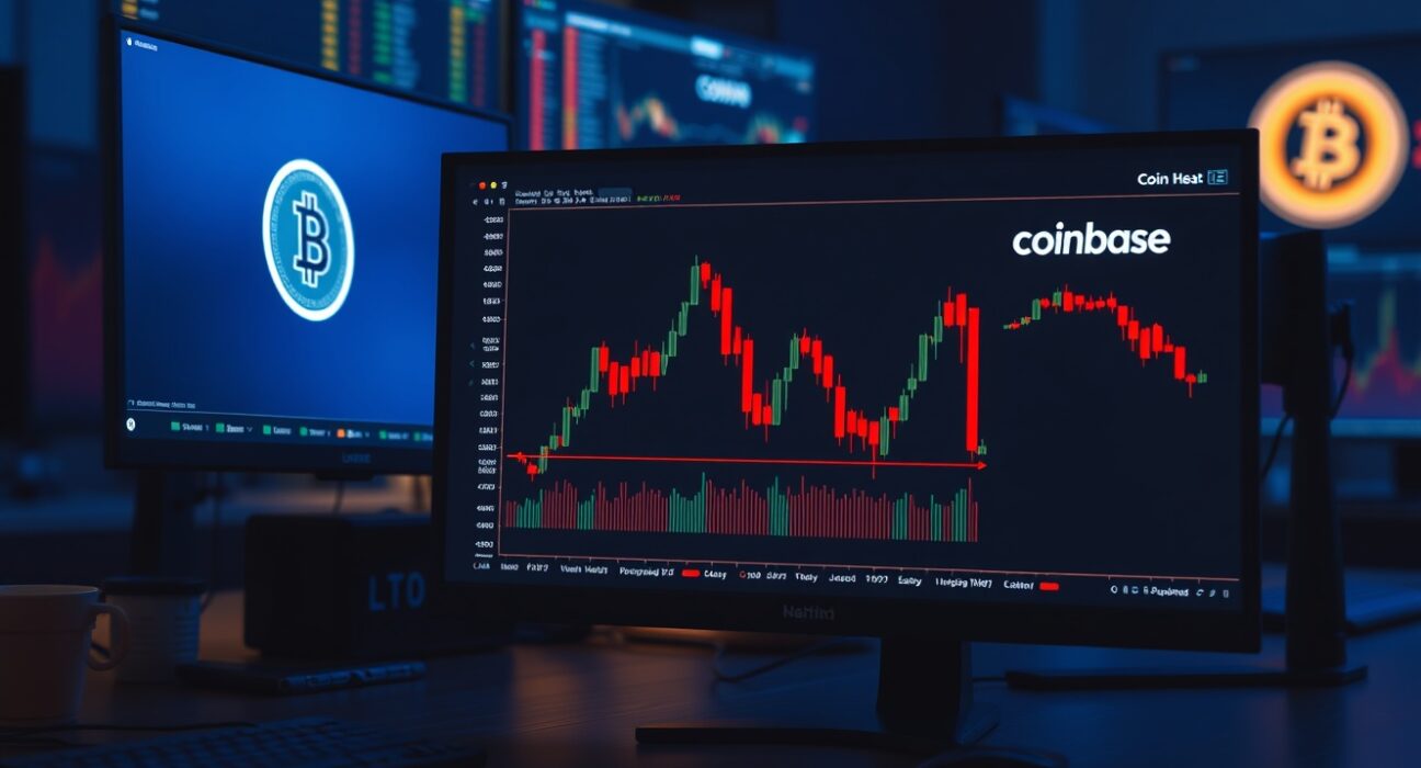 Bitcoin price chart on a trading monitor showing a negative Coinbase premium indicator in a professional trading office