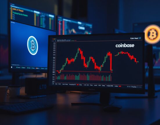 Bitcoin price chart on a trading monitor showing a negative Coinbase premium indicator in a professional trading office