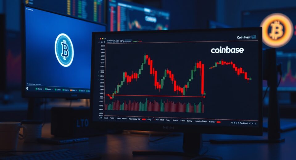 Bitcoin price chart on a trading monitor showing a negative Coinbase premium indicator in a professional trading office