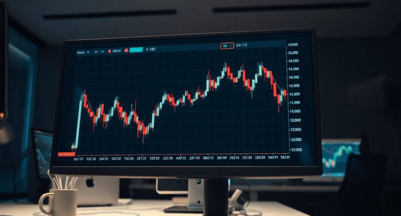 Bitcoin price chart on a monitor at a trading desk, illustrating market analysis