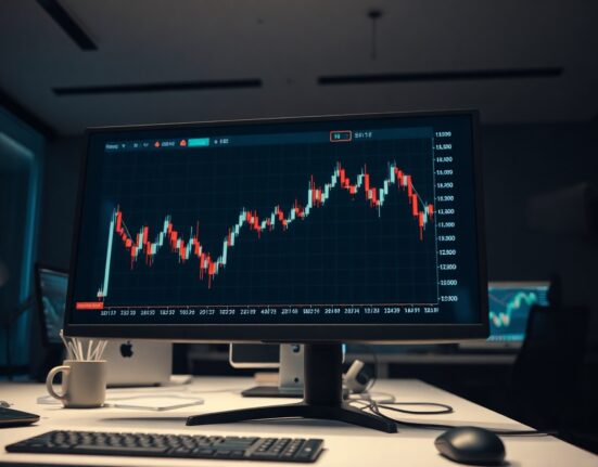 Bitcoin price chart on a monitor at a trading desk, illustrating market analysis