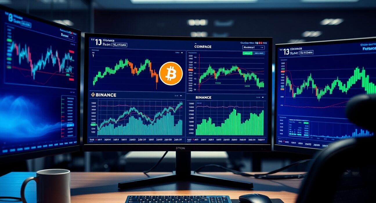 Trading desk monitors showing Bitcoin price charts and Coinbase and Binance trading interfaces