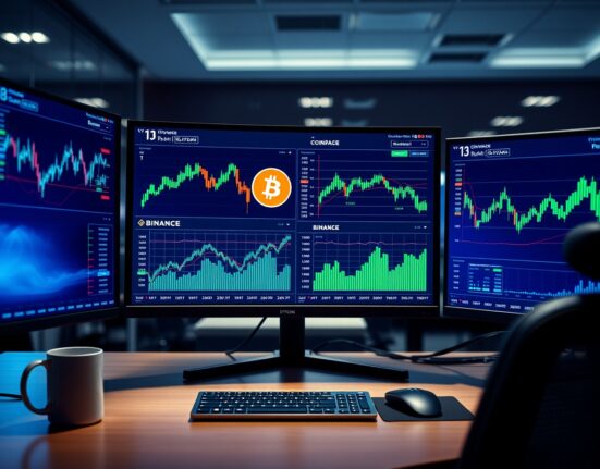 Trading desk monitors showing Bitcoin price charts and Coinbase and Binance trading interfaces