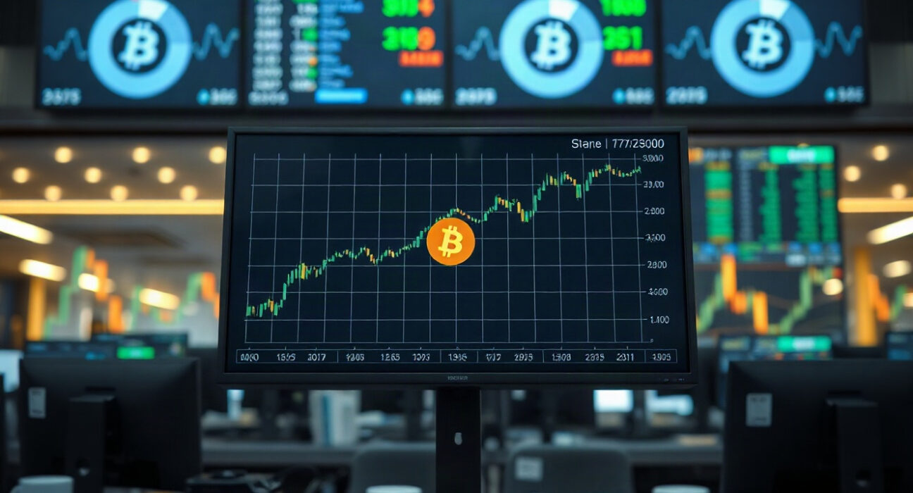 Bitcoin price chart on a trading screen showing positive movement