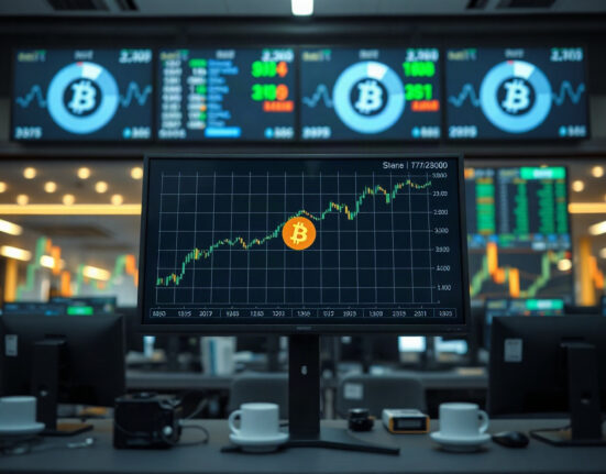 Bitcoin price chart on a trading screen showing positive movement