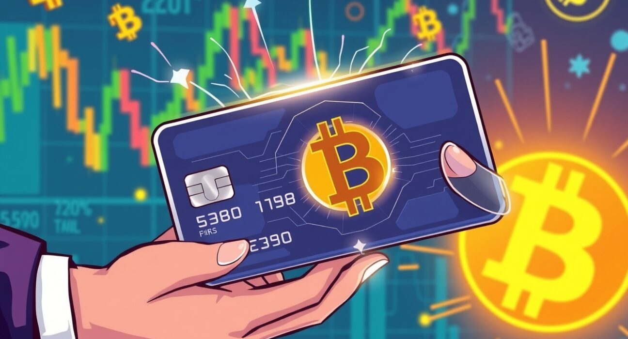 A cartoon illustration of a digital credit card offering Bitcoin rewards, symbolizing Coinbase's plan for a revolutionary Bitcoin rewards card.