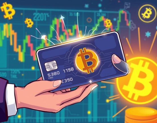 A cartoon illustration of a digital credit card offering Bitcoin rewards, symbolizing Coinbase's plan for a revolutionary Bitcoin rewards card.