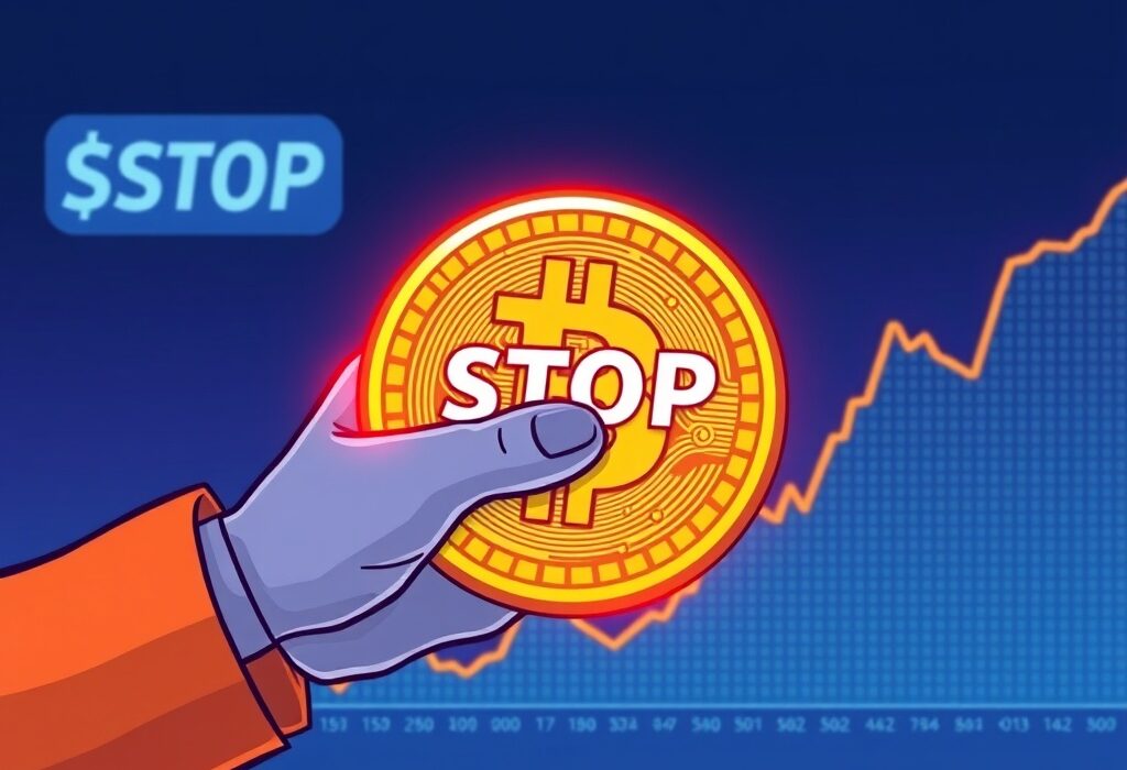A cartoon illustration showing the pause in Coinbase Bitcoin buying, symbolizing a shift in market momentum for Coinbase Bitcoin.