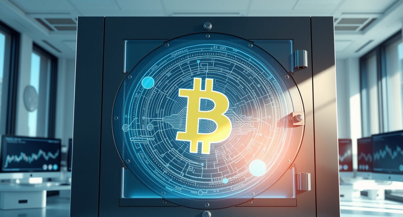 Digital interface representing Coinbase's Bitcoin yield fund launch on Base blockchain network for secure crypto investments