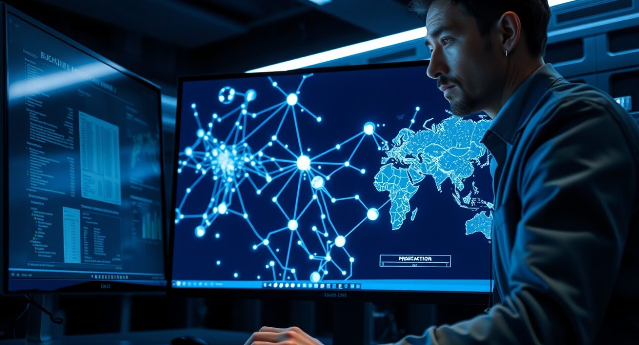 Digital forensics analyst examining blockchain transaction map on monitor in investigation room
