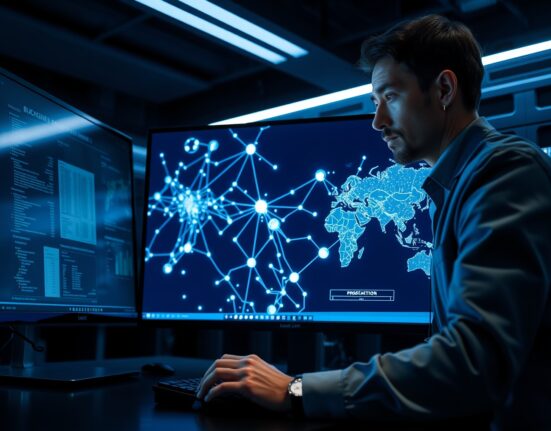 Digital forensics analyst examining blockchain transaction map on monitor in investigation room