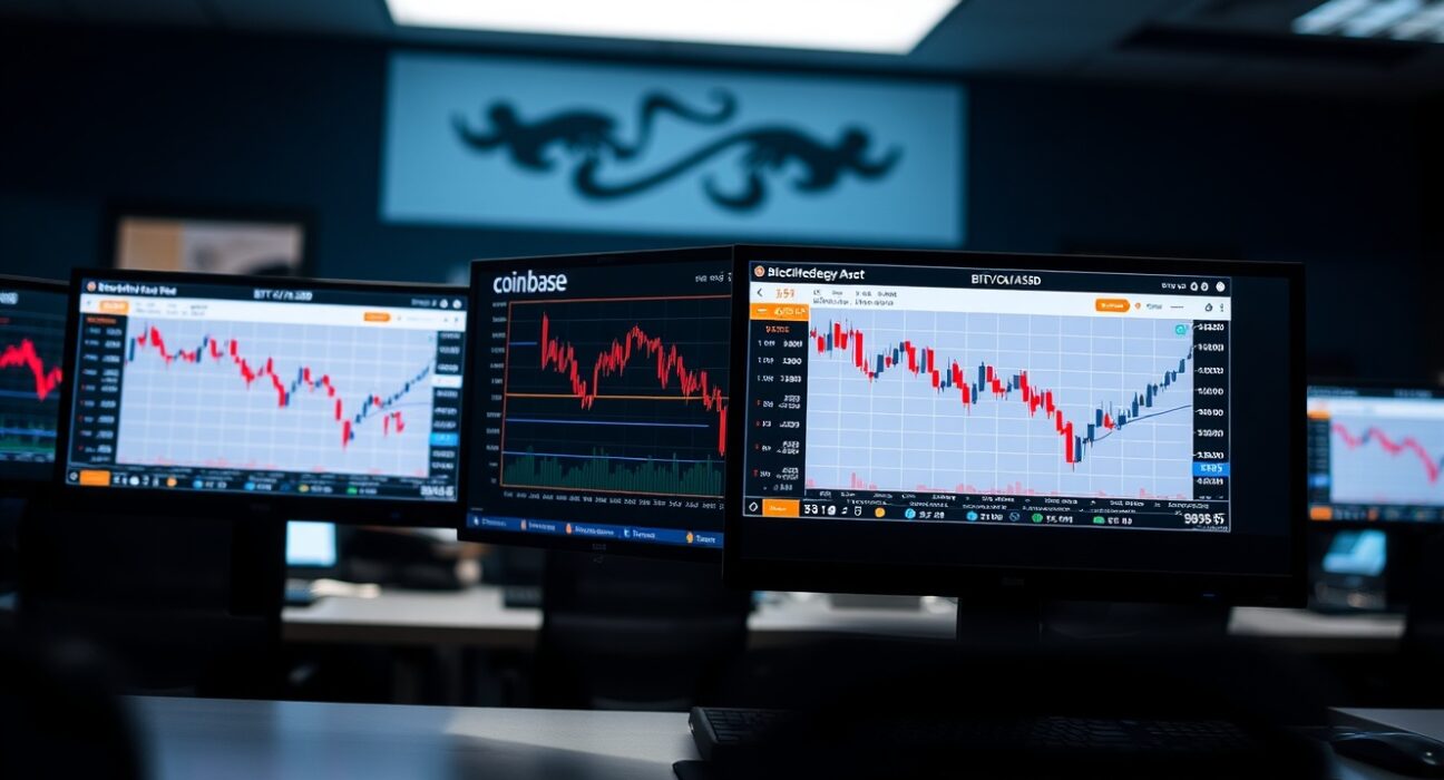 Trading desk monitors showing Bitcoin price charts with negative Coinbase premium index indicator