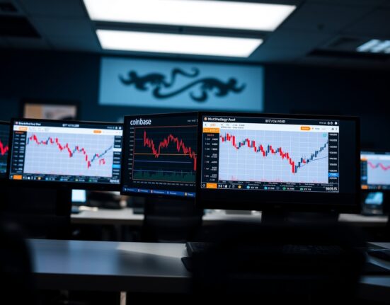 Trading desk monitors showing Bitcoin price charts with negative Coinbase premium index indicator