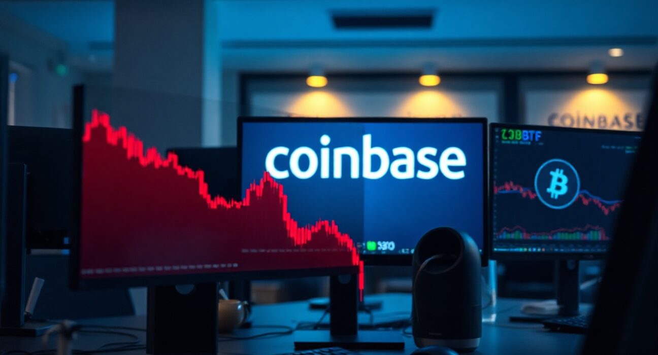 Trading desk monitors show Bitcoin price charts with declining Coinbase BTC Premium Index