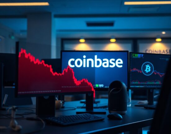 Trading desk monitors show Bitcoin price charts with declining Coinbase BTC Premium Index