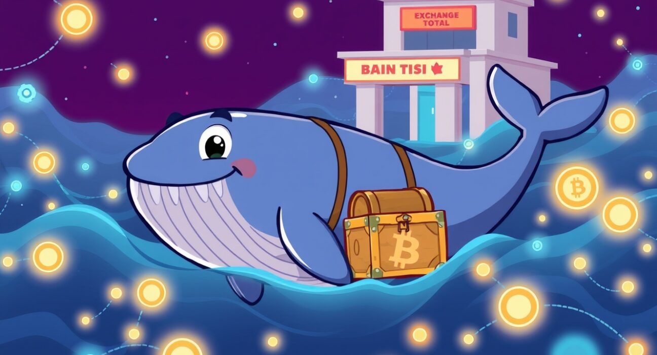 A cartoon whale executing a massive BTC transfer through a vibrant blockchain network.