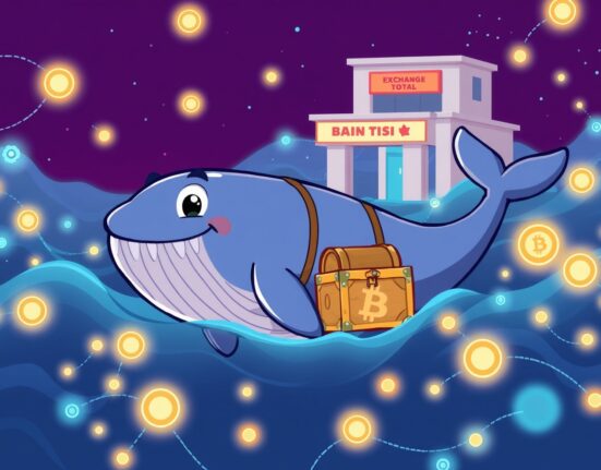 A cartoon whale executing a massive BTC transfer through a vibrant blockchain network.