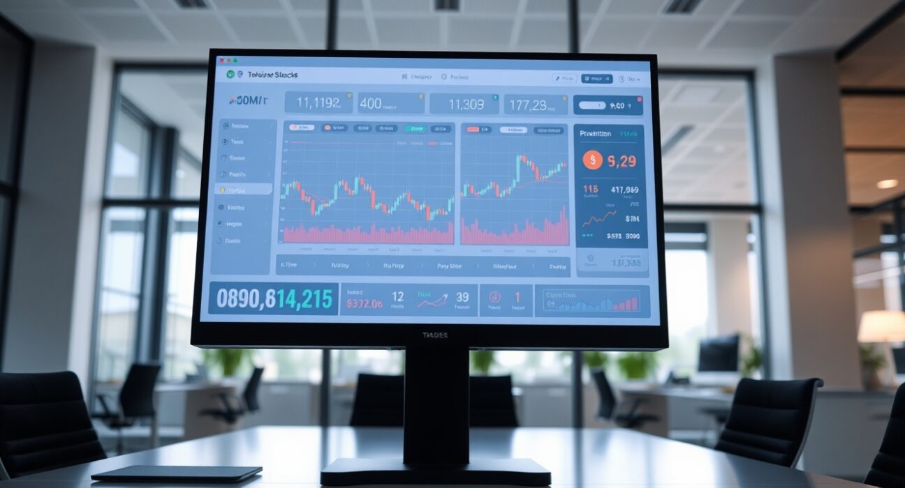 Digital trading platform interface showing crypto, tokenized stocks, and prediction markets on a screen in a modern office.