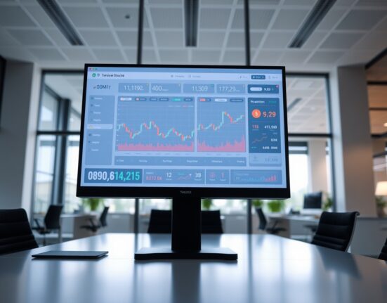 Digital trading platform interface showing crypto, tokenized stocks, and prediction markets on a screen in a modern office.