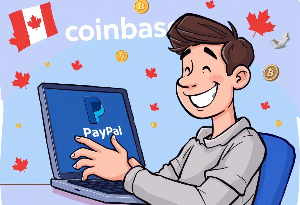 A cartoon depicting a Canadian user easily making Coinbase Canada PayPal crypto payments, symbolizing convenient transactions.