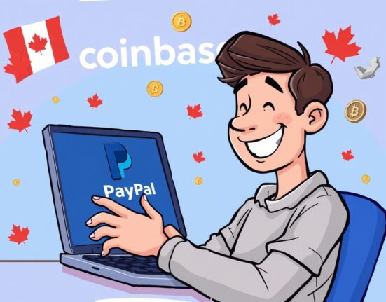A cartoon depicting a Canadian user easily making Coinbase Canada PayPal crypto payments, symbolizing convenient transactions.