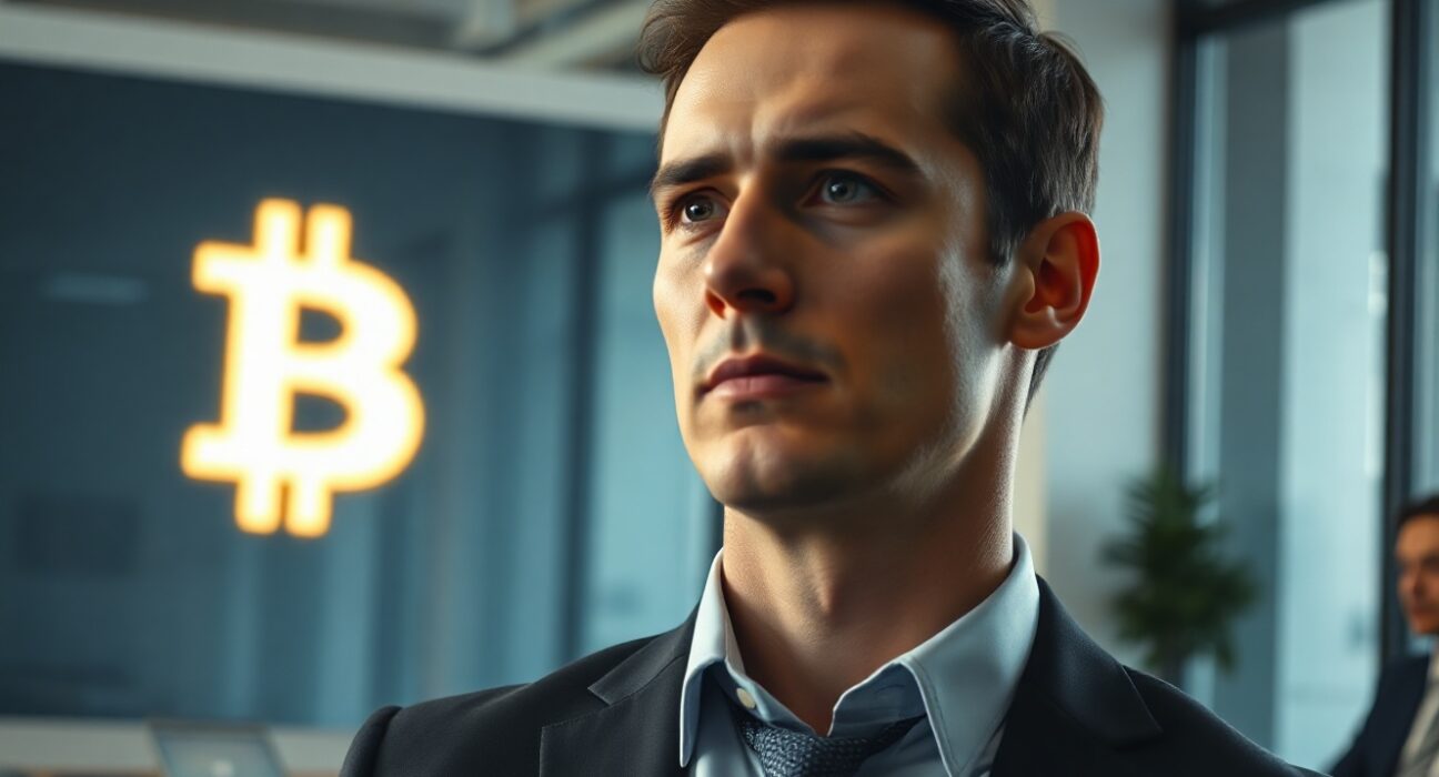 Coinbase CEO Brian Armstrong in an office looking at a glowing Bitcoin symbol on a digital screen