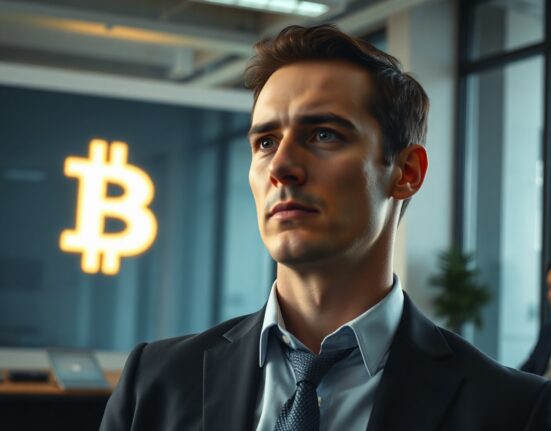 Coinbase CEO Brian Armstrong in an office looking at a glowing Bitcoin symbol on a digital screen