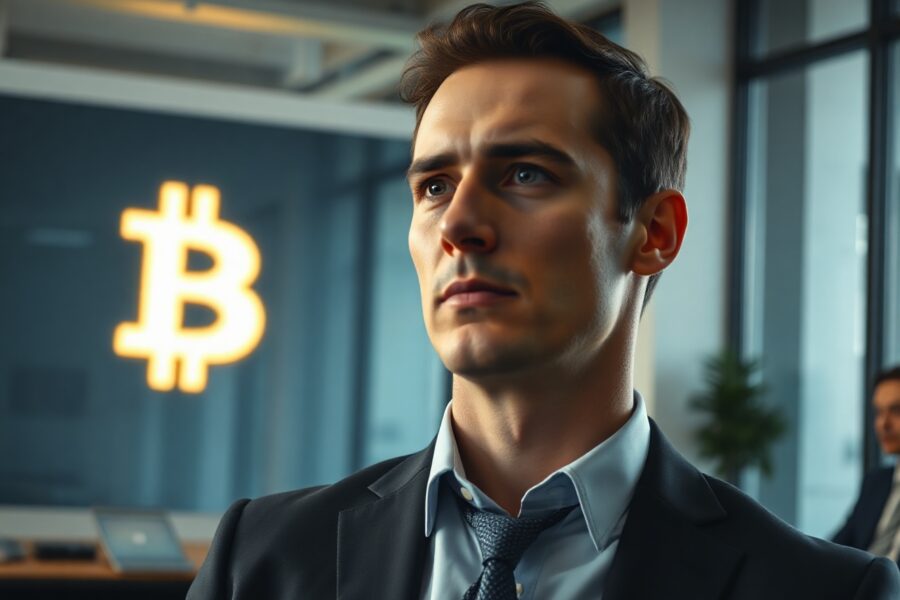 Coinbase CEO Brian Armstrong in an office looking at a glowing Bitcoin symbol on a digital screen