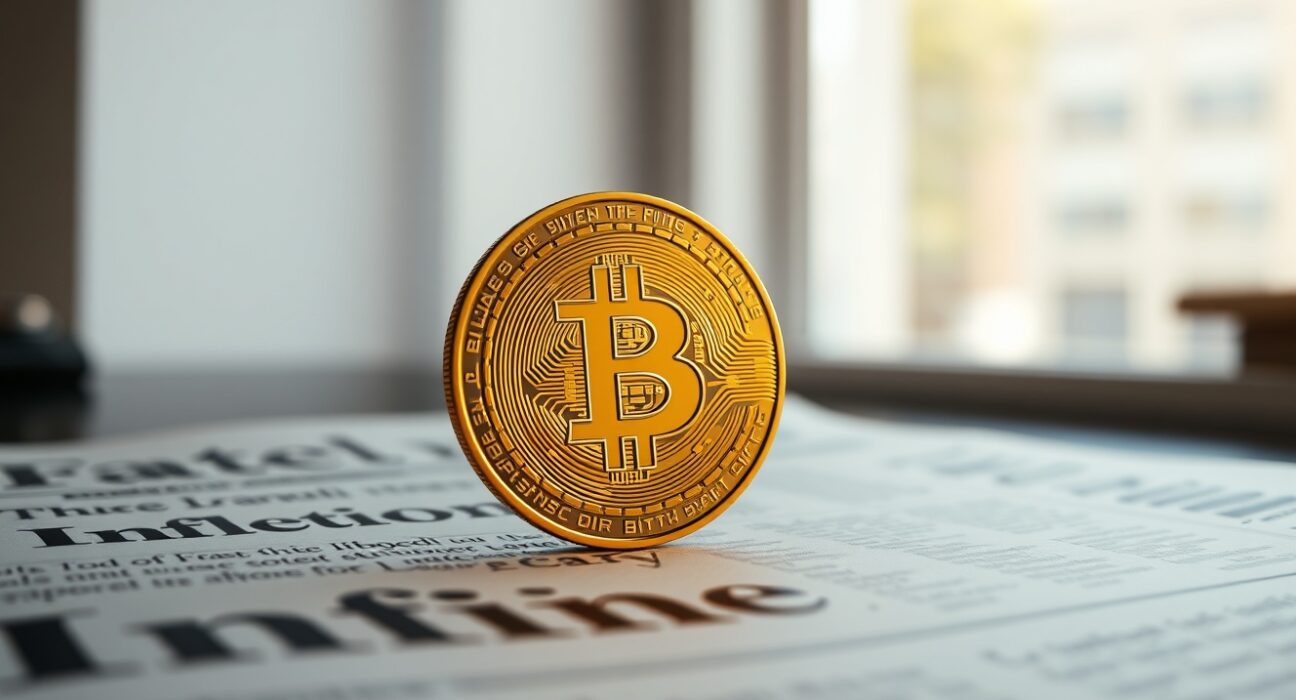 Bitcoin coin on a newspaper with inflation headline, representing price driven by economic concerns.