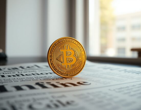 Bitcoin coin on a newspaper with inflation headline, representing price driven by economic concerns.