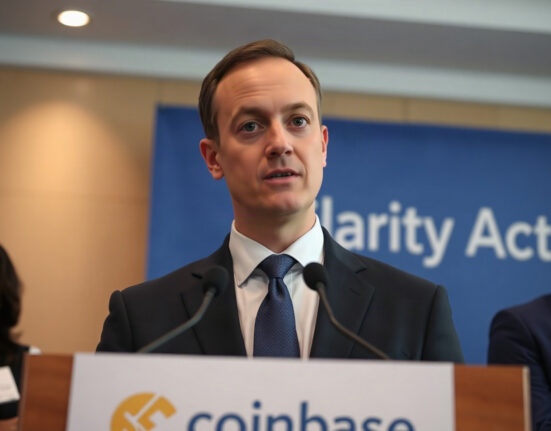 Coinbase CEO Brian Armstrong speaking at a press conference about the Clarity Act