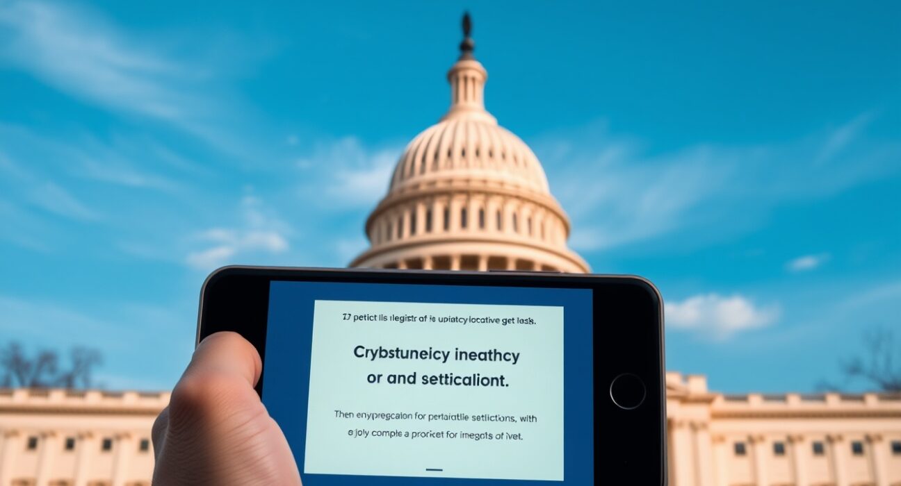 U.S. Capitol building on a clear day with a smartphone showing a crypto advocacy petition in the foreground