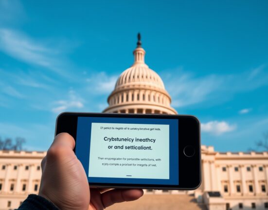 U.S. Capitol building on a clear day with a smartphone showing a crypto advocacy petition in the foreground