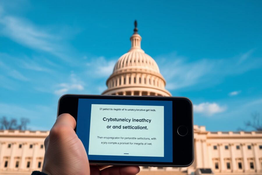U.S. Capitol building on a clear day with a smartphone showing a crypto advocacy petition in the foreground