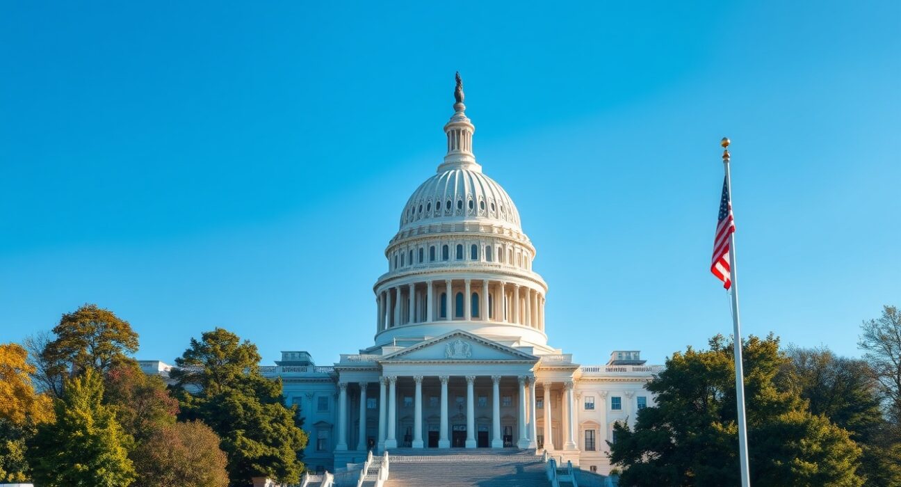 U.S. Capitol Building under clear blue sky, representing the Senate vote on the Clarity bill for cryptocurrency regulation.