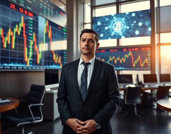 Coinbase CEO Brian Armstrong speaking about cryptocurrency and AI finance in a modern office setting