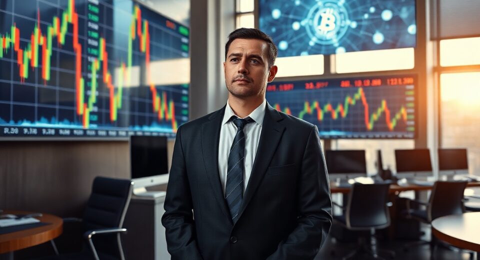 Coinbase CEO Brian Armstrong speaking about cryptocurrency and AI finance in a modern office setting