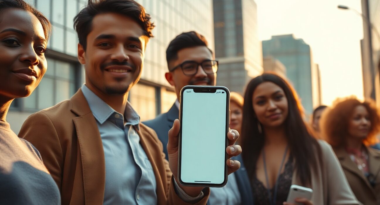 People using smartphones in a modern financial district, representing global crypto access.
