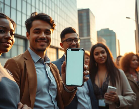 People using smartphones in a modern financial district, representing global crypto access.