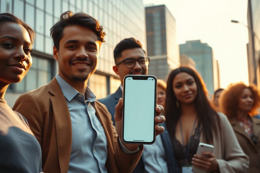 People using smartphones in a modern financial district, representing global crypto access.