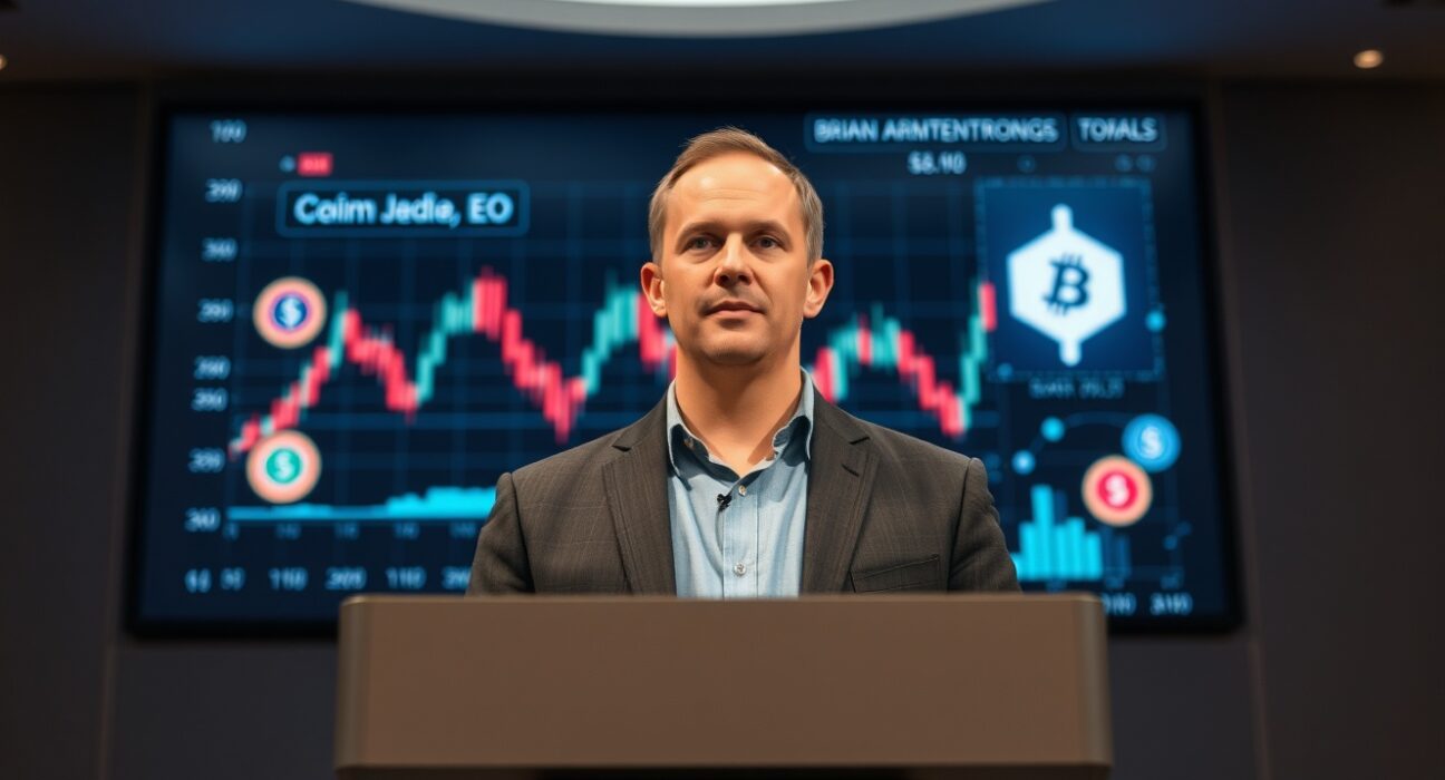 Coinbase CEO Brian Armstrong presenting financial system upgrade blueprint at a tech event