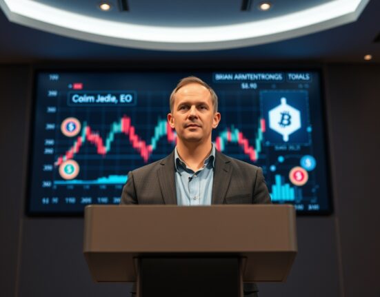 Coinbase CEO Brian Armstrong presenting financial system upgrade blueprint at a tech event