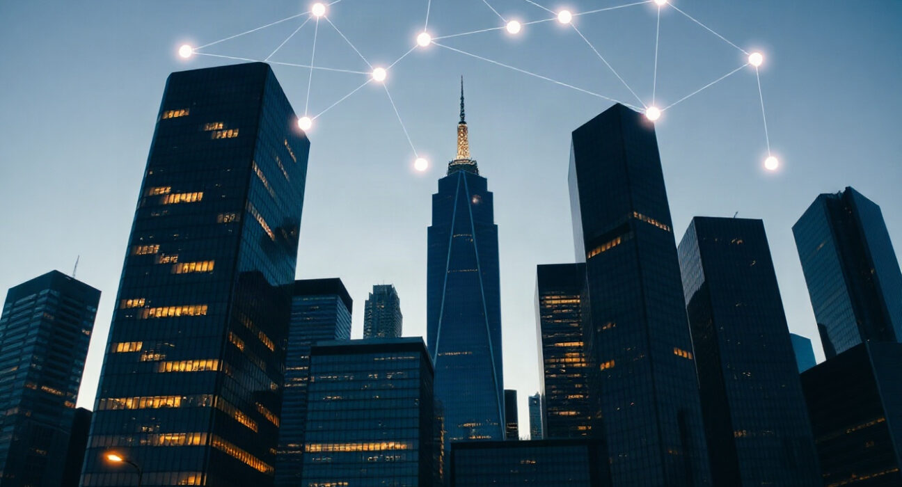 Blockchain network overlay on a city skyline at dusk, symbolizing on-chain reputation in finance.