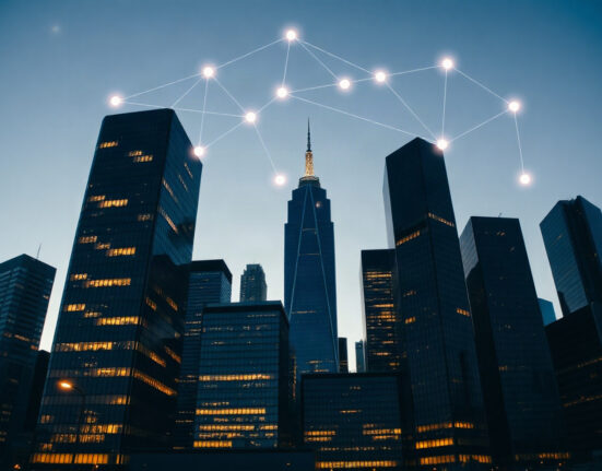 Blockchain network overlay on a city skyline at dusk, symbolizing on-chain reputation in finance.