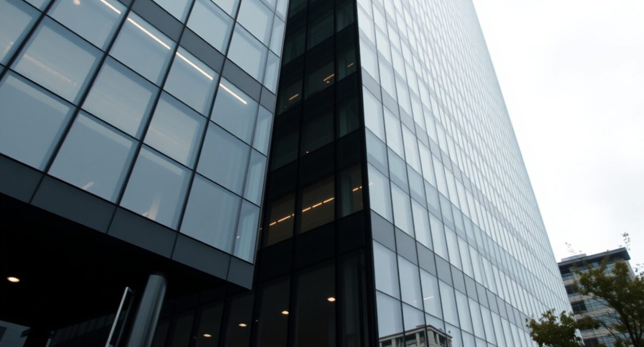 Exterior of a modern office building representing Coinbase headquarters with subtle digital crypto elements in the sky