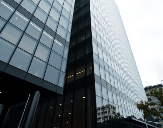 Exterior of a modern office building representing Coinbase headquarters with subtle digital crypto elements in the sky