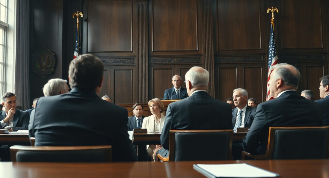 U.S. Senate hearing room with legislators in session, representing the push for crypto market structure clarity.