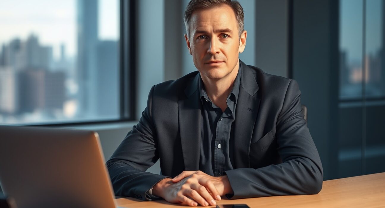Coinbase CEO Brian Armstrong in a professional office setting, looking at the camera with a neutral expression.
