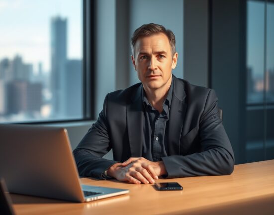 Coinbase CEO Brian Armstrong in a professional office setting, looking at the camera with a neutral expression.